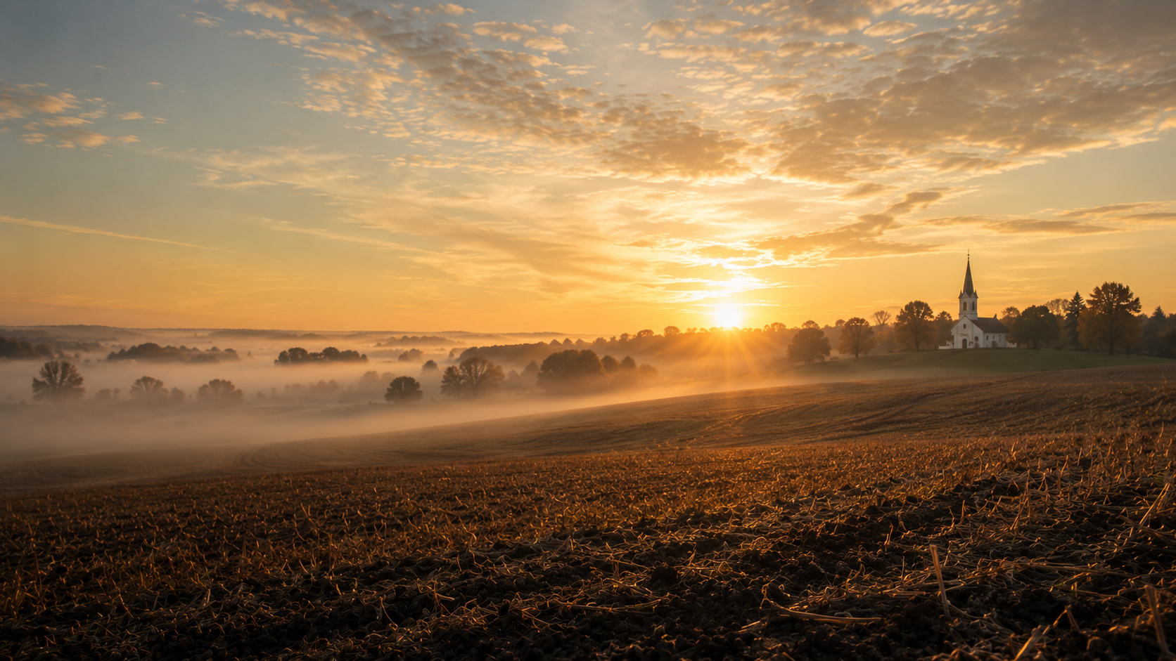 Sunrise over an Indiana field and country church