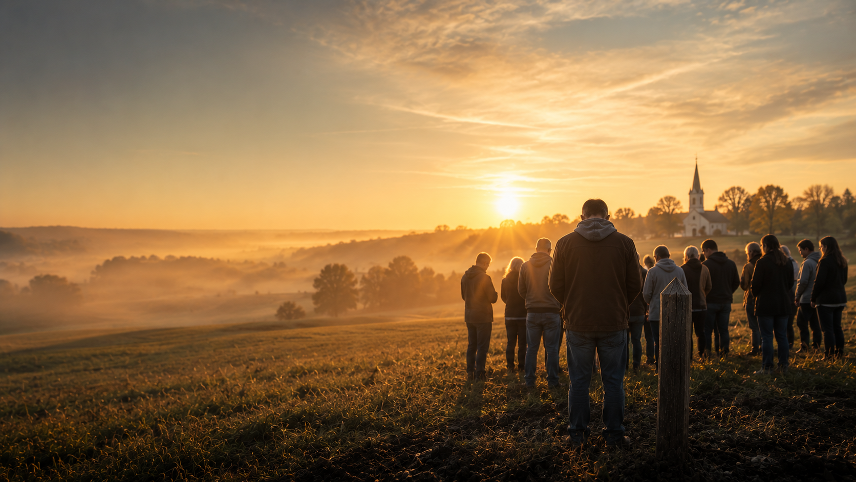 A gathering at sunrise in an Indiana field